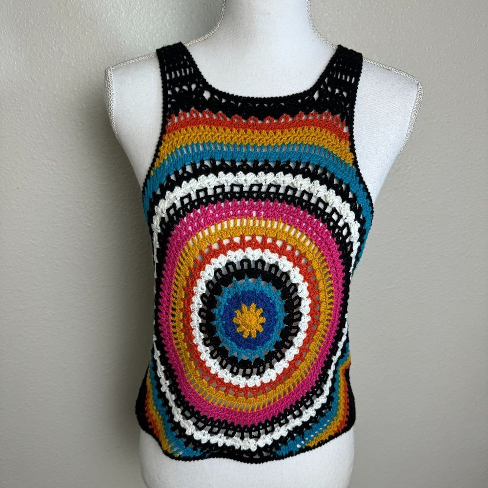 Summer Crochet Tank Top Mandala  Black / Multicolor Circles Size M